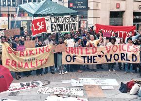 Striking cleaners and security workers at the London School of Economics rally for a fair contract
